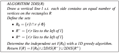% latex2html id marker 972
\fbox{
{\em
\begin{minipage}{0.8\textwidth}
\par
\be...
...R_0) \cup 2DIS(R^-) \cup 2DIS(R^+)$
\par
\end{algorithmic}\par
\end{minipage}}
}