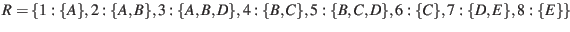 $ R = \{ 1:\{A\}, 2:\{A, B\}, 3:\{A, B, D\}, 4:\{B, C\}, 5:\{B, C, D\}, 6:\{C\}, 7:\{D, E\}, 8:\{E\} \}$